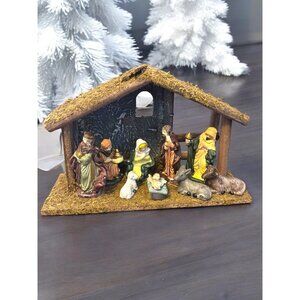 Vintage Nativity Scene Set Creche Manger Wood and Moss 7"x11x4